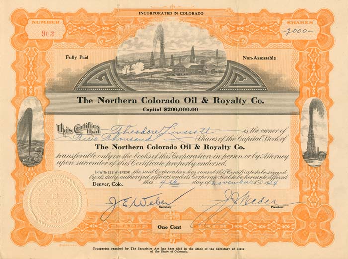 Northern Colorado Oil and Royalty Co.  - Stock Certificate